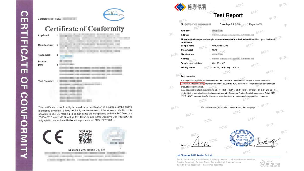 Muestras de certificados CE y CPSC